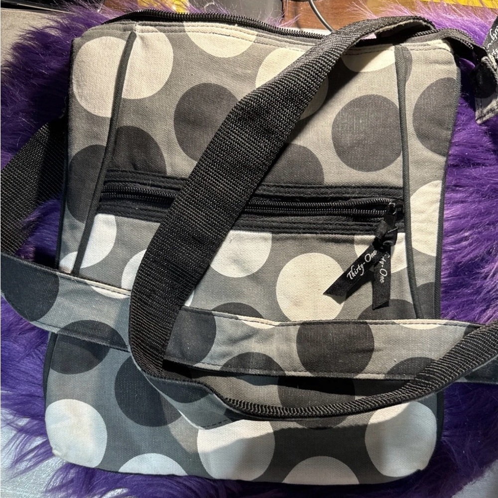 Thirty One 31 Retro Metro Shoulder Tote Bag Woven Black Polka Dot Pockets